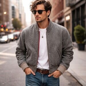 Vintage Field & Stream Wool Bomber Jacket, Grey, Sherpa Lined Men's Large